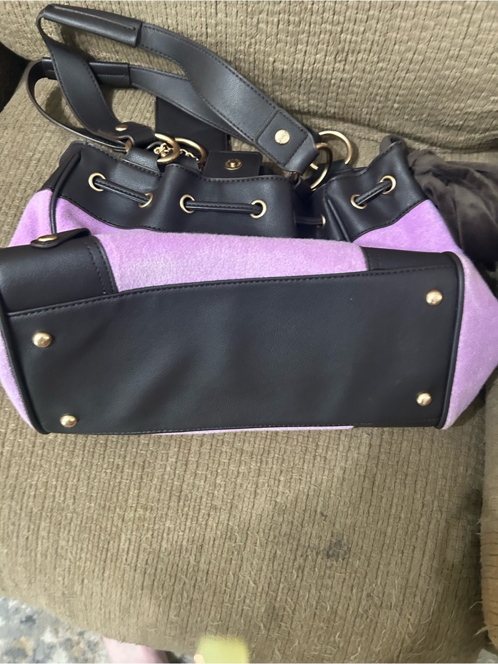 Juicy Couture Purple Suede Drawstring Shoulder Tote with Black Trim - Picture 3 of 3
